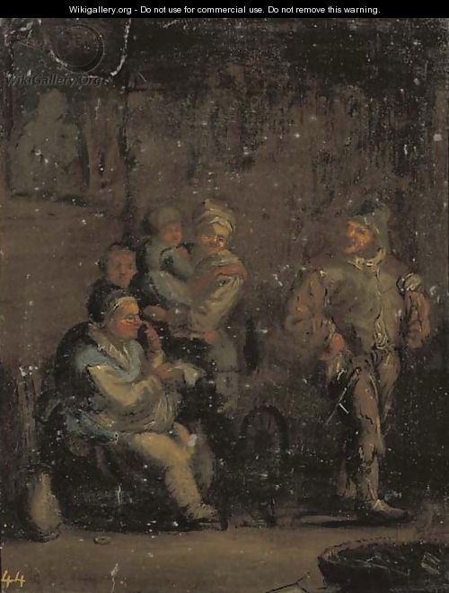 An interior with a family by a spinning wheel - Andries Both