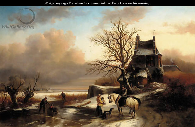 Figures by a cottage in a Dutch winter landscape - (after) Andreas Schelfhout