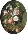 Pink roses, parrot tulip, carnation, iris, and chrysanthemum a glass vase, on a stone ledge - Ambrosius The Younger Bosschaert