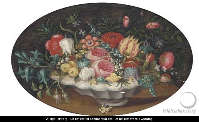 Tulips, roses, morning glory and other flowers in a bowl on a table - Ambrosius The Younger Bosschaert