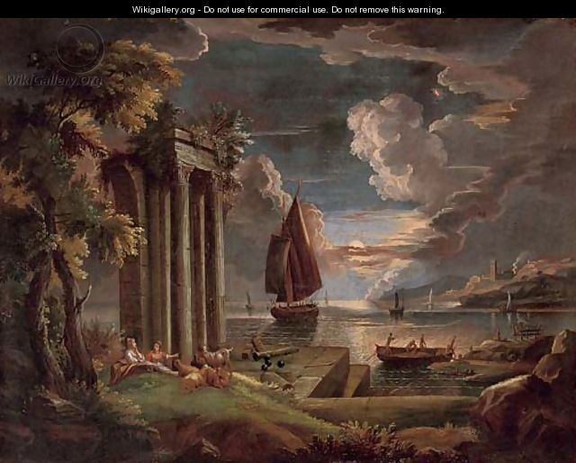A Mediterranean coastal landscape at twilight with shepherdesses and their goats at rest by classical ruins, shipping beyond - Claude Lorrain (Gellee)