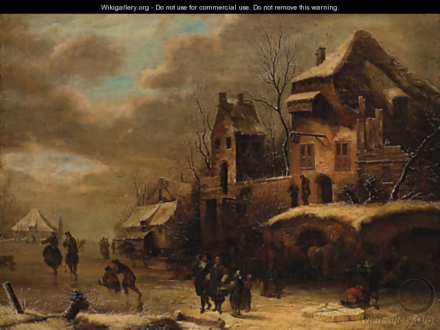Figures on a frozen Waterway by a Town - (after) Claes Molenaar (see Molenaer)