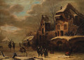 Figures on a frozen Waterway by a Town - (after) Claes Molenaar (see Molenaer)