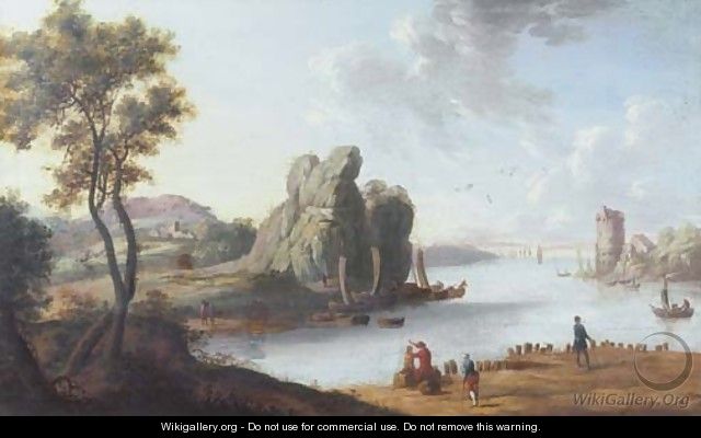 A Mediterranean landscape with a harbour, strolling figures in the foreground - (after) Charles Francois Lacroix De Marseille
