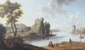 A Mediterranean landscape with a harbour, strolling figures in the foreground - (after) Charles Francois Lacroix De Marseille