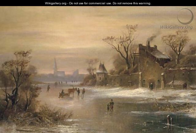 Skaters and a horse-drawn sledge on a frozen river - (after) Charles Henri Joseph Leickert