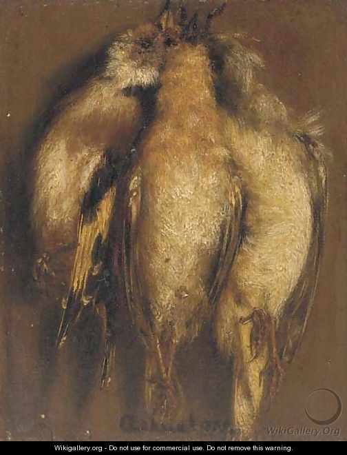 Three dead finches hanging on a nail - (after) Carel Fabritius