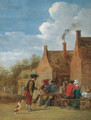 A peasant couple and travellers at table outside an inn - (after) David The Younger Teniers