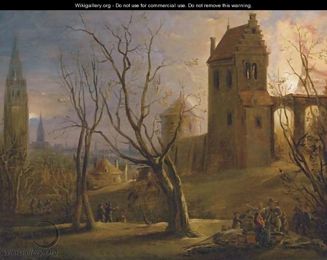 A town at sunset with a house on fire in the foreground - (after) Daniel Van Heil