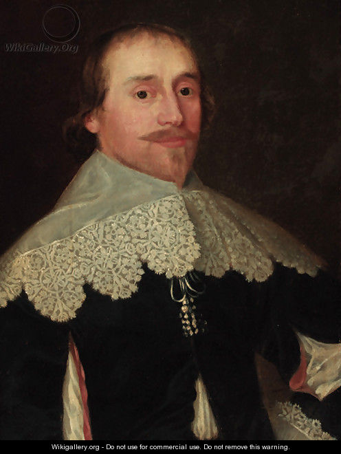 Portrait of a gentleman, bust-length, in a black doublet with lace collar - Cornelis I Johnson