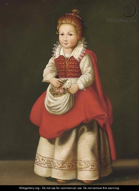 Portrait of a young girl, standing full-length, with flowers in her apron - Cornelis De Vos