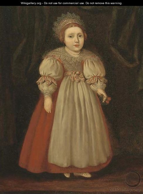 Portrait of Isabella Buxton as a young girl, full-length, in a red dress with a lace collar, holding cherries - Cornelis De Vos
