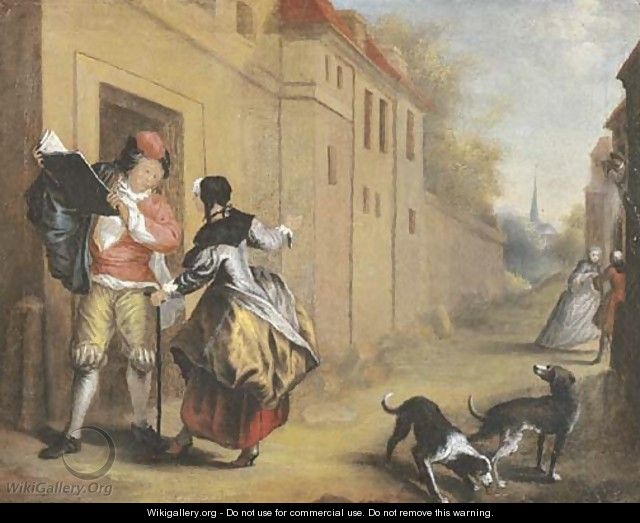 An elegant couple conversing in a town street - (after) Cornelis Troost
