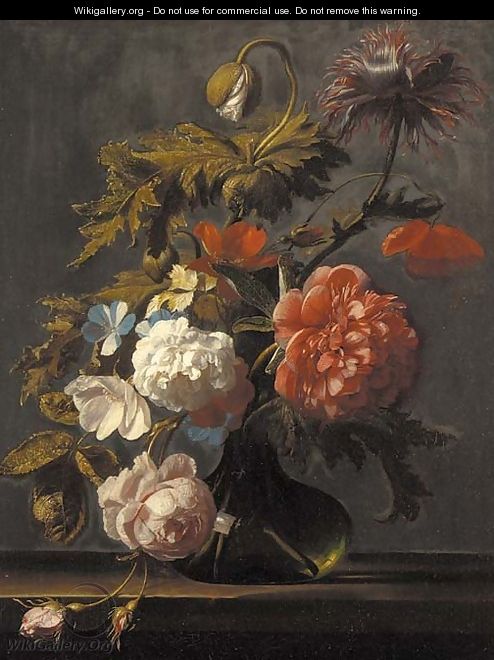 Tulips, roses, peonies, poppies and other flowers in a glass vase on a ledge - Cornelis Kick