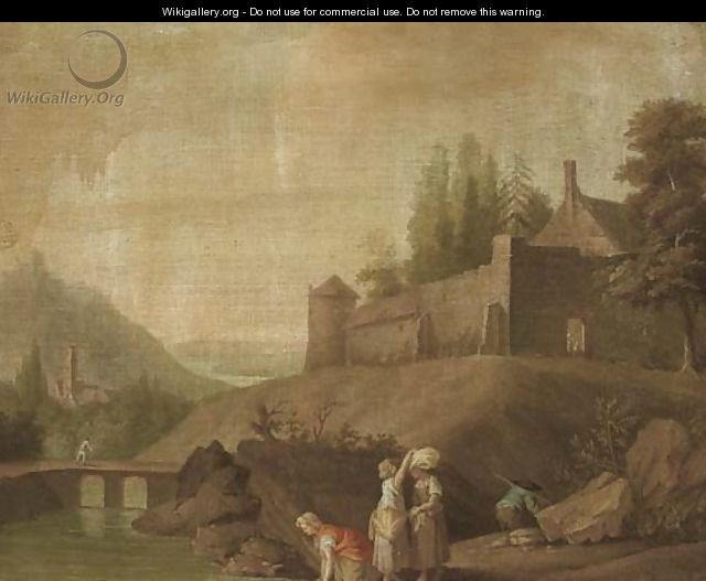 A river landscape with washerwomen in the foreground, a walled village beyond - (after) Claude-Joseph Vernet