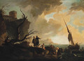 A Mediterranean coastline with Fisherfolk on the Shore, a hilltop Fortress beyond - (after) Claude-Joseph Vernet