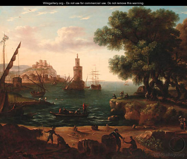 A coastal inlet with moored shipping and stevedores on a bank - (after) Claude Lorraine R.W Nursey
