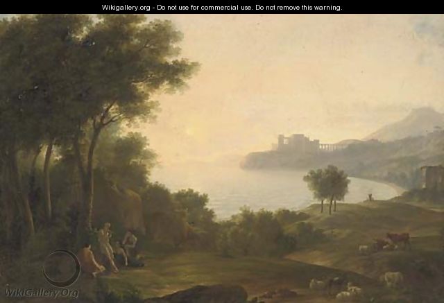 A Mediterranean coastal inlet with classical figures playing music, a fortress in the distance - Claude Lorrain (Gellee)
