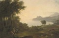 A Mediterranean coastal inlet with classical figures playing music, a fortress in the distance - Claude Lorrain (Gellee)