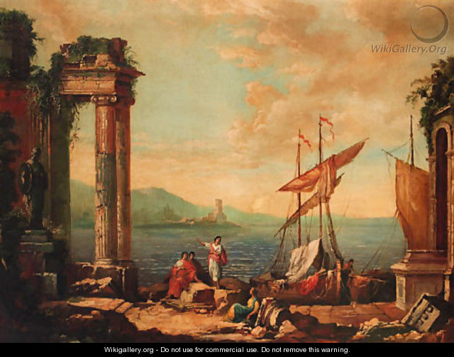Figures resting by a ruined temple on a quay - (after) Claude Lorrain (Gellee)