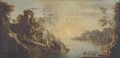 A capriccio of a Mediterranean coastal inlet with shipping and fisherman pulling in the catch - Claude Lorrain (Gellee)