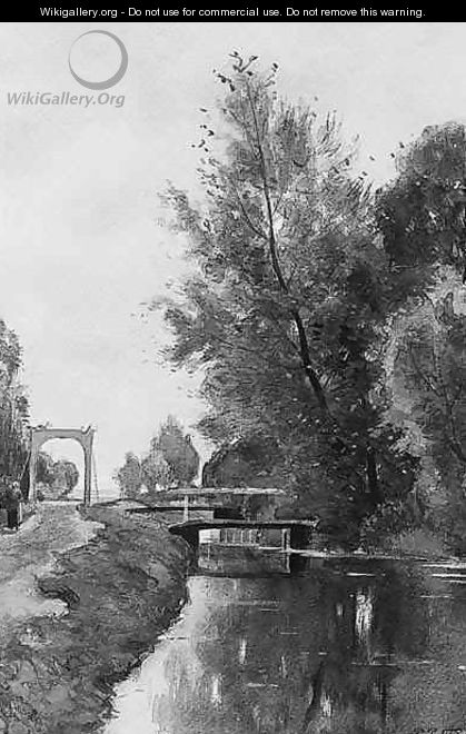 A summer landscape with a peasant-woman walking along a canal towards a bridge - Petrus Paulus Schiedges