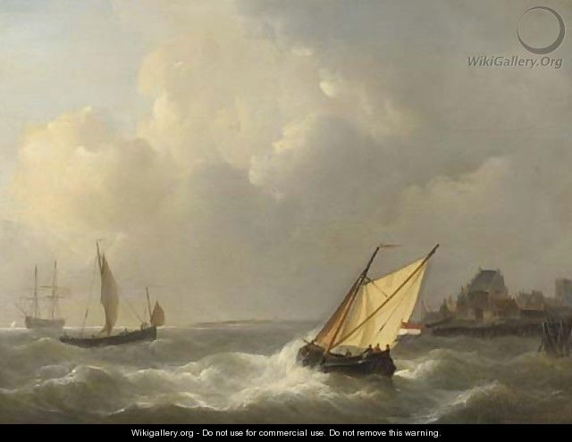 Sailing vessels off the coast on choppy waters - Petrus Jan Schotel
