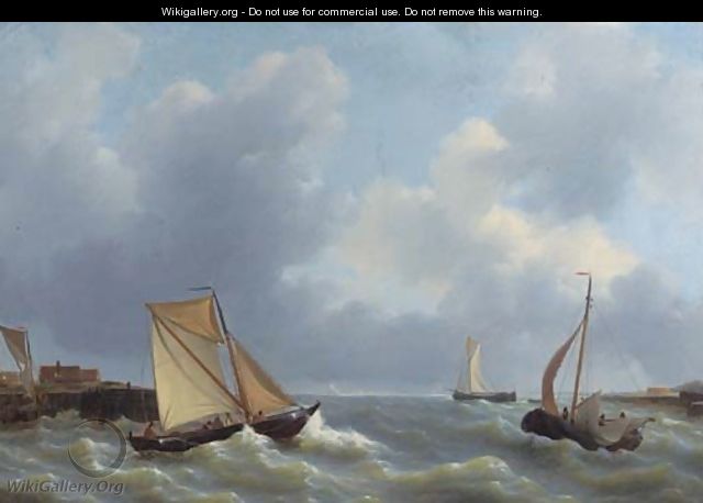 Busy shipping by a jetty - Petrus Jan Schotel
