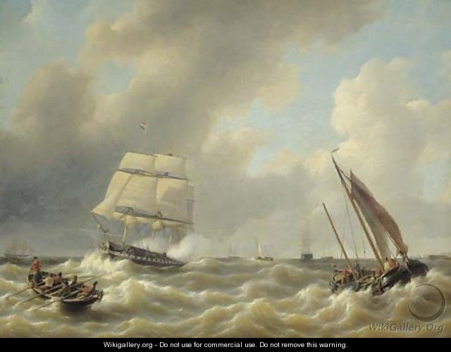 A three-master on a choppy sea - Petrus Jan Schotel