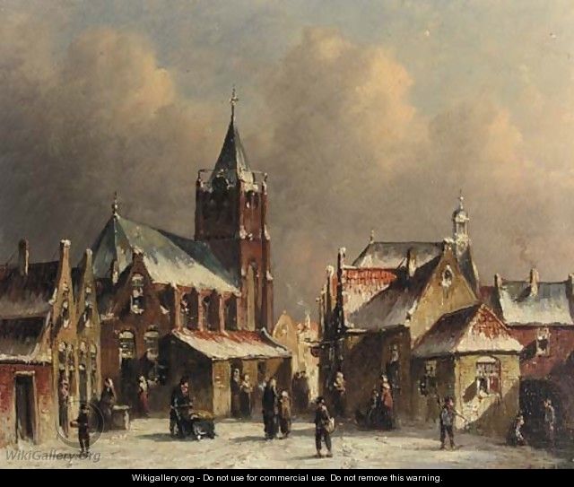 Townsfolk conversing on a snow-covered square in a city - Pieter Gerard Vertin