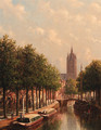 Moored canal boats along the Oude Delft, Delft, with the Oude Kerk towering in the background - Pieter Gerard Vertin