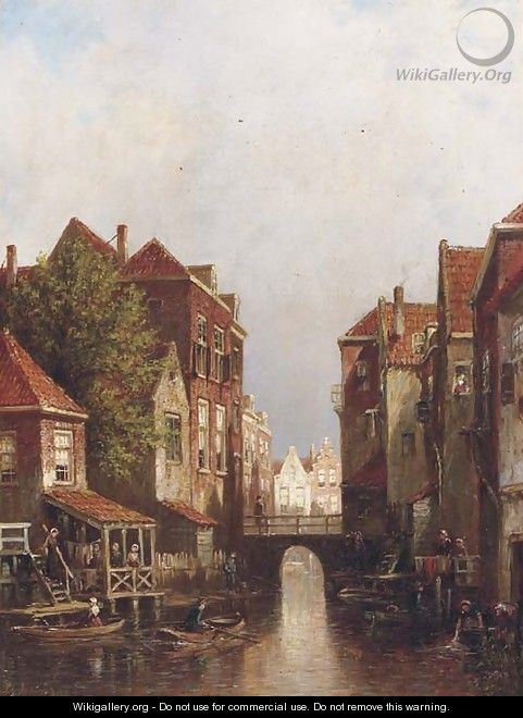Figures by a canal in a Dutch town - Pieter Gerard Vertin