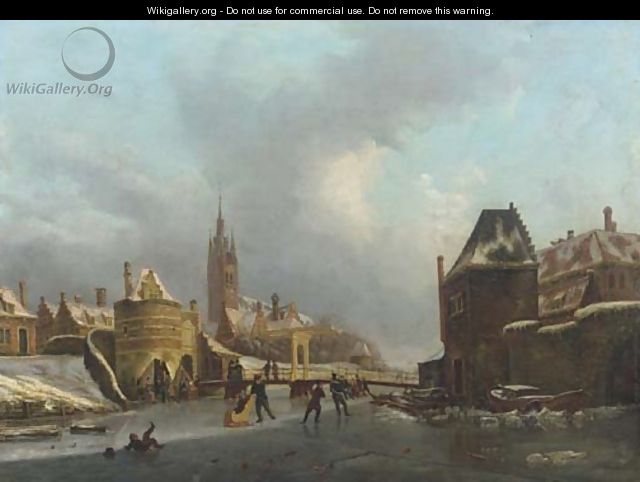 Winterfun on a frozen canal by the Oosterpoort, Delft - Petrus Augustus Beretta