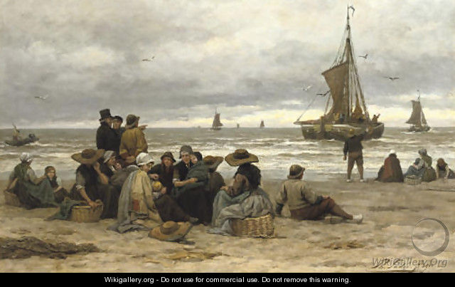 The arrival of the fleet fisher-folk on the beach - Philippe Lodowyck Jacob Sadee