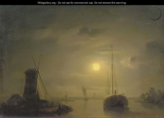 A haybarge on a moonlit river - Petrus Van Schendel