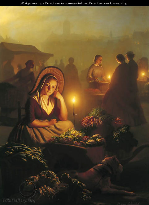 A girl selling vegetables at the night-market with the Dam Palace and the Nieuwe Kerk in the distance, Amsterdam - Petrus Van Schendel