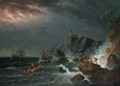 A rocky Coast in a Storm with a shipwrecked Sailing Boat and Fishermen casting a Rope to a Rowing Boat in Peril - Philip Jacques de Loutherbourg