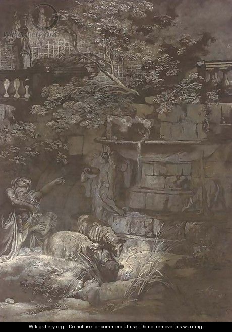 Peasants and their flocks at a fountain in a ruined ornamental garden - Philippe Canot
