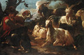 A young goatherd with two dogs and six goats in an Italianate landscape - Philipp Peter Roos