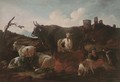 A shepherd with cattle and dogs by ruins in an Italianate landscape - Philipp Peter Roos