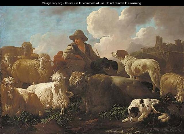 A shepherd resting with sheep, goats and dogs before a hillside town - Philipp Peter Roos