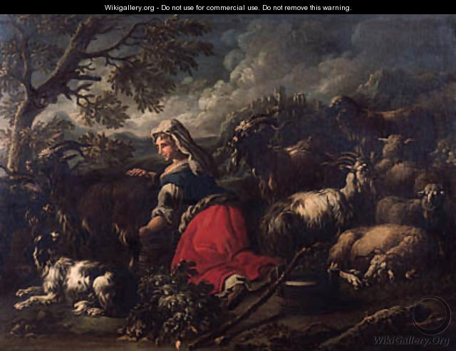 A milkmaid with goats, sheep and a dog, in an Italianate landscape - Philipp Peter Roos