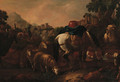 A drover with a bull, sheep, goats and a packhorse at a fountain in a mountainous landscape - Philipp Peter Roos