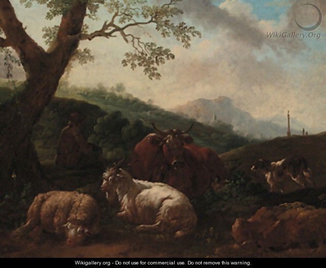 A drover resting with a cow, sheep and dog in a landscape - Philipp Peter Roos