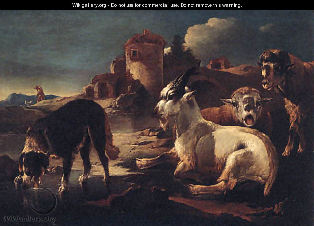 A dog drinking at a pool by sheep and a goat, a shepherd and a ruin beyond - Philipp Peter Roos