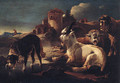 A dog drinking at a pool by sheep and a goat, a shepherd and a ruin beyond - Philipp Peter Roos