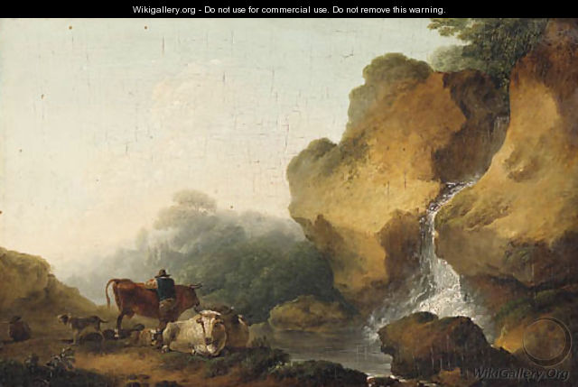 A rocky Landscape with Herdsmen resting before a Waterfall - Philip Jacques de Loutherbourg