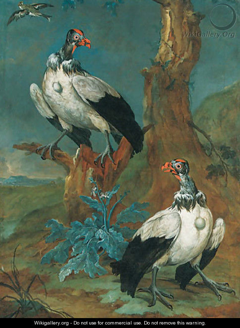 Two vultures by a tree in an extensive landscape, and another bird in flight - Ferdinand Phillip de Hamilton
