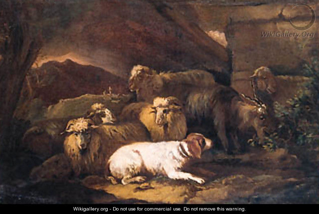 Sheep, a goat, rams and a spaniel resting by a stone wall in an Italianate landscape - Philipp Peter Roos