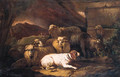 Sheep, a goat, rams and a spaniel resting by a stone wall in an Italianate landscape - Philipp Peter Roos